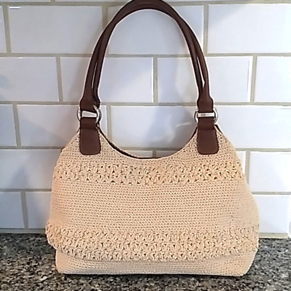 Cream Crochet Shoulder Bag with Brown Handles